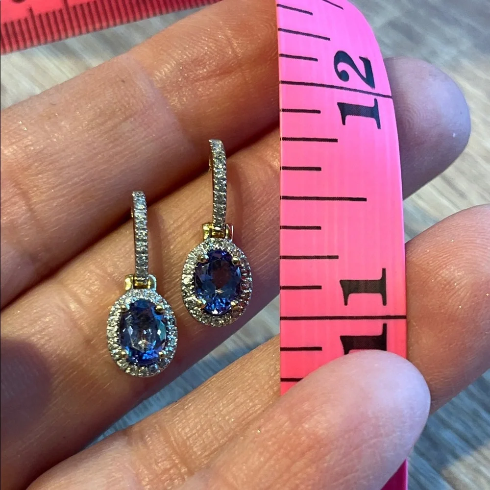 14k Gold diamond tanzanite Drop Earrings. Oval Gemstones with diamond Pavé Halos - Picture 11 of 13